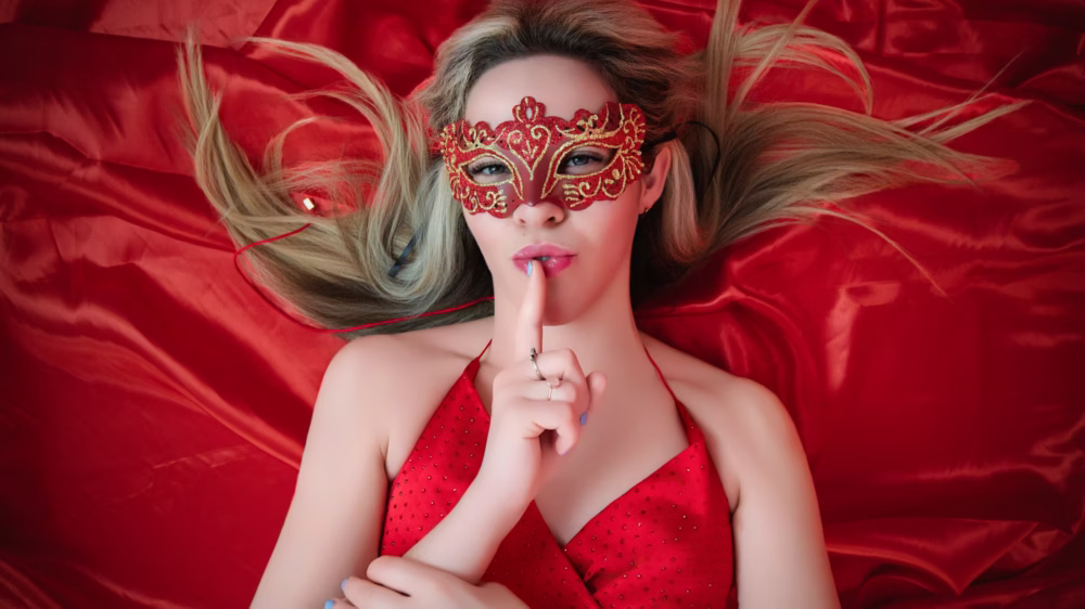Model in an ornate red masquerade mask lying on red silk during a London fashion studio shoot
