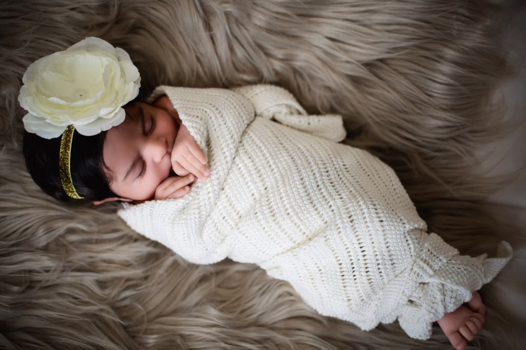 Newborn peacefully sleeping wrapped snugly in white textured knit swaddle on plush long-pile faux fur rug, wearing thin gold headband topped with large delicate white flower - newborn photoshoot london swaddle gold flower