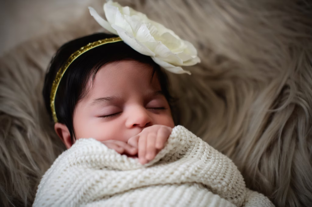 A sleeping newborn with a soft headband